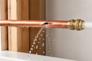 Burst copper pipe leak under sink