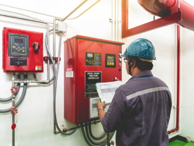 Technician servicing a fire pump system