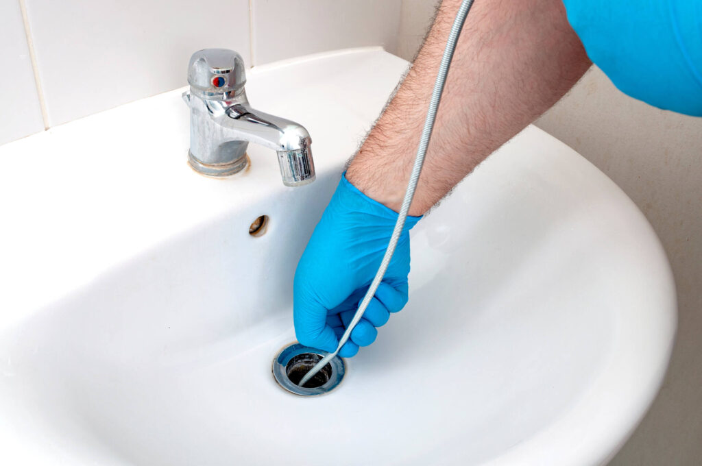 A professional plumber performing a drain cleaning with a motorized drain snake